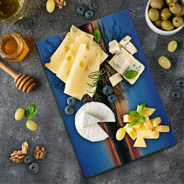 Nature Cutting Board, Majestic Full Branch Tree at Twilight with Water Reflection out Nature View, Decorative Tempered Glass Cutting and Serving Board, Small Size, Blue Orange, by Ambesonne