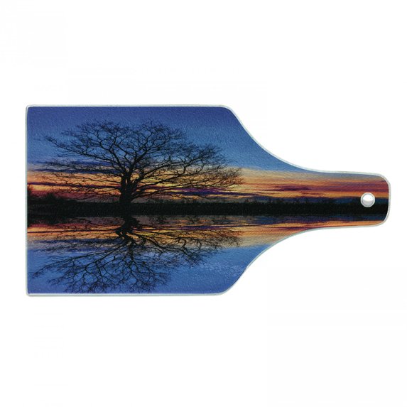 Nature Cutting Board, Majestic Full Branch Tree at Twilight with Water Reflection out Nature View, Decorative Tempered Glass Cutting and Serving Board, Wine Bottle Shape, Blue Orange, by Ambesonne