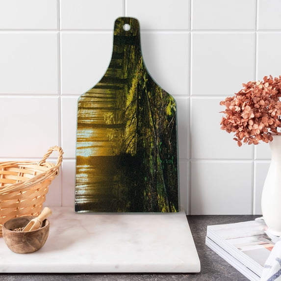 Nature Cutting Board, Misty Morning in the Forest with Sun Rays Mother Earth Foliage Dawn Picture, Tempered Glass Cutting and Serving Board, Wine Bottle Shape, Brown Fern Green, by Ambesonne