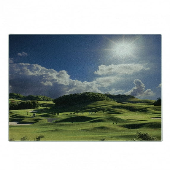 Nature Cutting Board, Mountain Pasture Sunshine Summer View Grassy Hills Panoramic Photo Golf Court Like, Decorative Tempered Glass Cutting and Serving Board, in 3 Sizes, by Ambesonne