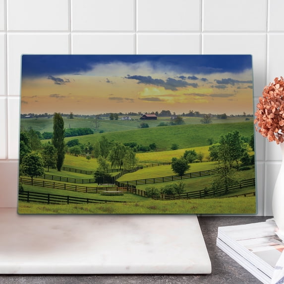 Nature Cutting Board, Picture of Rural Pastoral Meadows with Fences Surreal Countryside Image Print, Decorative Tempered Glass Cutting and Serving Board, Large Size, Green Blue Orange, by Ambesonne