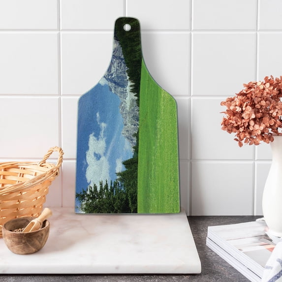 Nature Cutting Board, Picturesque Mountain with Rural Road View of Italian Old Country Modern Print, Tempered Glass Cutting and Serving Board, Wine Bottle Shape, Evergreen Blue, by Ambesonne