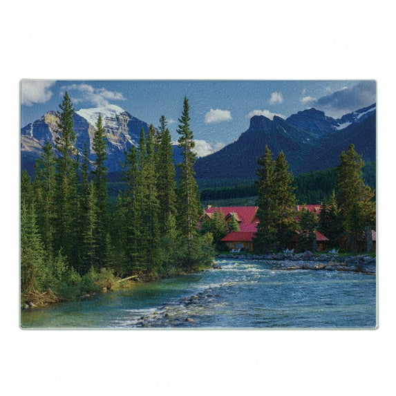 Nature Cutting Board, Pipestone River Rushes Past Log Lake Louise Village Banff National Park, Decorative Tempered Glass Cutting and Serving Board, Small Size, Forest Green Turquoise, by Ambesonne