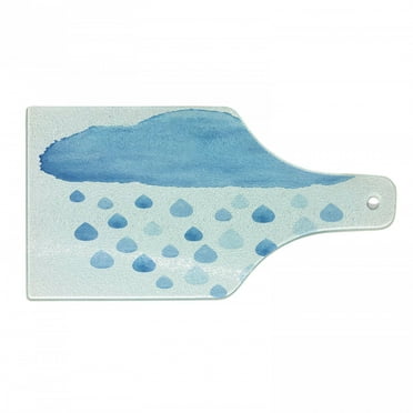 Nature Cutting Board, Rain Drops and Cloud in Watercolor Painting Effect Nimbus Fun Art Illustration, Decorative Tempered Glass Cutting and Serving Board, Wine Bottle Shape, Blue White, by Ambesonne