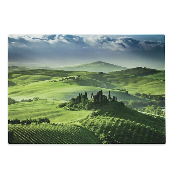 Nature Cutting Board, Rising Sun in the Valley Dark Cloudy Sky Landscape Dramatic Pastoral Heaven Print, Decorative Tempered Glass Cutting and Serving Board, Large Size, Green Blue, by Ambesonne