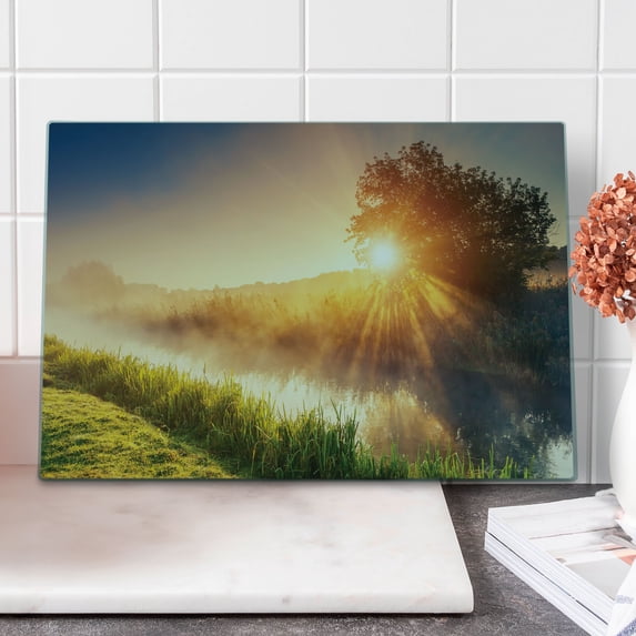 Nature Cutting Board, River with the Grass in Sun Rays Beams Tree Dramatic Ukraine Rural Print, Decorative Tempered Glass Cutting and Serving Board, Large Size, Multicolor, by Ambesonne
