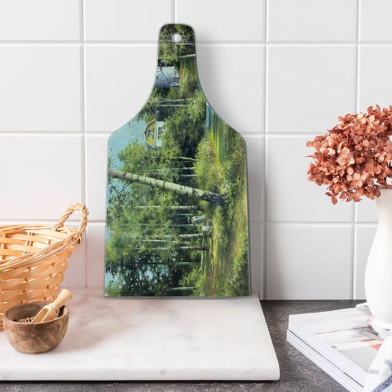 Nature Cutting Board, Rural Scenery with an Old House, Lake and Retro Tower Countryside Village Picture, Decorative Tempered Glass Cutting and Serving Board, Wine Bottle Shape, Green, by Ambesonne