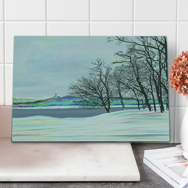 Nature Cutting Board, Rural Winter Forest with Leafless Tree Branches Digital Vibrant Effects Art, Decorative Tempered Glass Cutting and Serving Board, Large Size, Multicolor, by Ambesonne