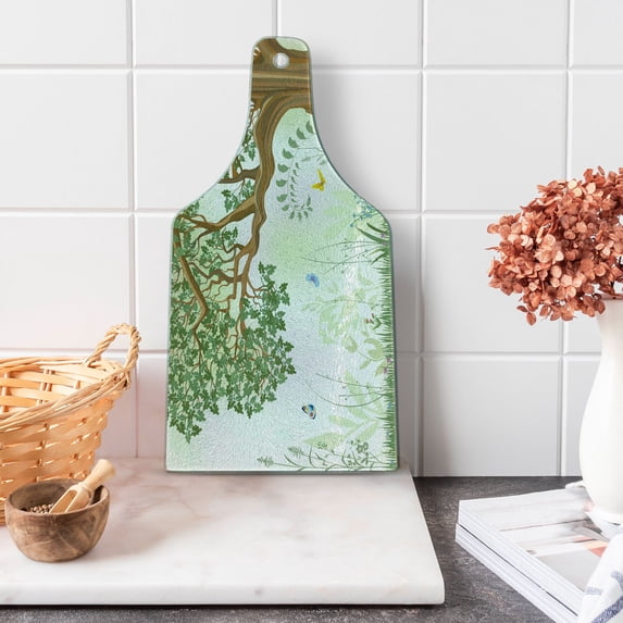 Nature Cutting Board, Spring Summer View Tree Grass Butterfly Oil Painting Effect Wall Hanging Art, Decorative Tempered Glass Cutting and Serving Board, in 3 Sizes, by Ambesonne