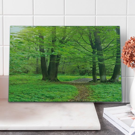 Nature Cutting Board, Summer Season Forest with Flourishing Trees Grass and Pathway Tranquil Scenery, Decorative Tempered Glass Cutting and Serving Board, Large Size, Fern Green Brown, by Ambesonne