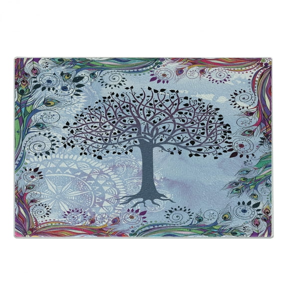 Nature Cutting Board, Tree of Life Motif Peacock Feathers Tribal Vintage Prehistoric Flora Illustration, Decorative Tempered Glass Cutting and Serving Board, Small Size, Blue, by Ambesonne
