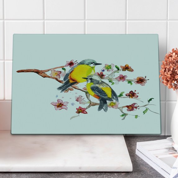 Nature Cutting Board, Watercolor Style Effect Drawing of Birds on the Branches and Flowers Print, Decorative Tempered Glass Cutting and Serving Board, Large Size, Brown and Yellow, by Ambesonne