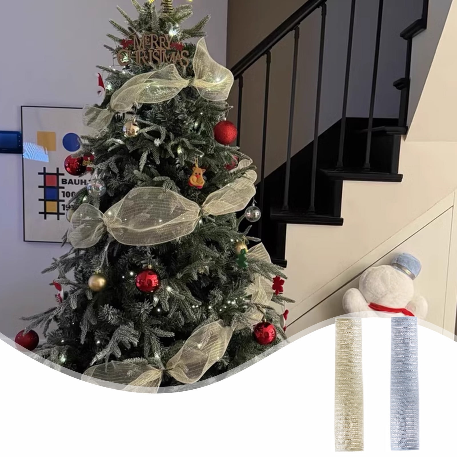 Nature Deco Mesh Ribbon with Metallic Foil, Silver, 20.8 inch x 29 feet, for Christmas Tree Wreaths