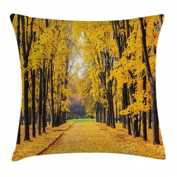 Nature Decor Throw Pillow Cushion Cover, Autumn Fall Trees Falls Dried Leaves Scenery on Road Path Photo Artwork, Decorative Square Accent Pillow Case, 24 X 24 Inches, Yellow and Green, by Ambesonne