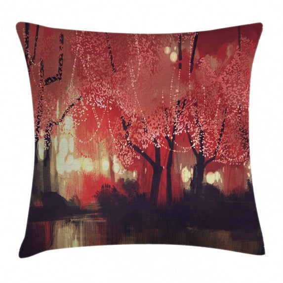 Nature Decor Throw Pillow Cushion Cover, Enchanted Mist Forest with Shady Autumn Trees at Night Magical Paint Artwork, Decorative Square Accent Pillow Case, 24 X 24 Inches, Brown Ruby, by Ambesonne