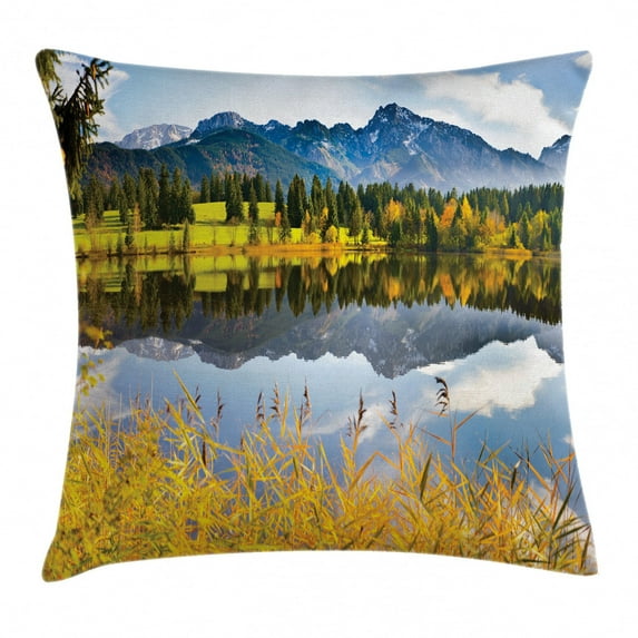 Nature Decor Throw Pillow Cushion Cover, Pastoral Countryside Scenery by the Lake with Reflections Alpine Meadow Picture, Decorative Square Accent Pillow Case, 18 X 18 Inches, Multi, by Ambesonne