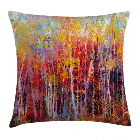 Nature Decor Throw Pillow Cushion Cover, Vibrant Nature Painting with Trees in Autumn Forest IImpressionist Artwork, Decorative Square Accent Pillow Case, 18 X 18 Inches, Red Orange, by Ambesonne