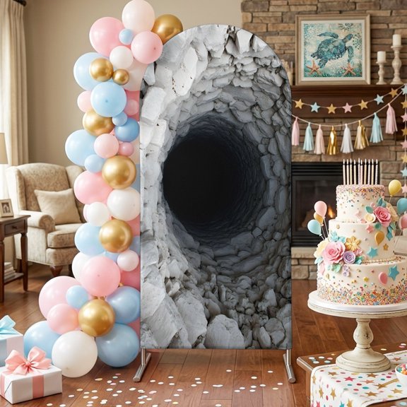 Nature Deep Well Arch Backdrop Covers 4 FT, Stone Piles Dark Space Mysterious Shadows Stretchy Fitted Arched Stand Covers Party Arch Stand Cover Photo Booth for Wedding Birthday Decor