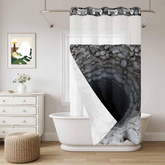 Nature Deep Well No Hook Shower Curtain with Snap in Liner, Stone Piles Dark Space Mysterious Shadows Waterproof Shower Curtains with See Through Top Window Liner for Bathroom, 36x78 Inches