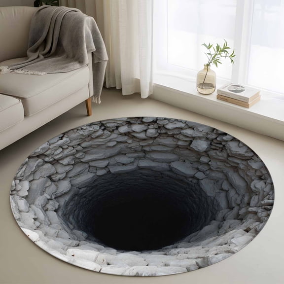 Nature Deep Well Round Rugs for Living Room 3ft Stone Piles Dark Space Mysterious Shadows Non Slip Circle Rug Washable Low-Profile Indoor Carpet for Bedroom, Dining Room, Bathroom