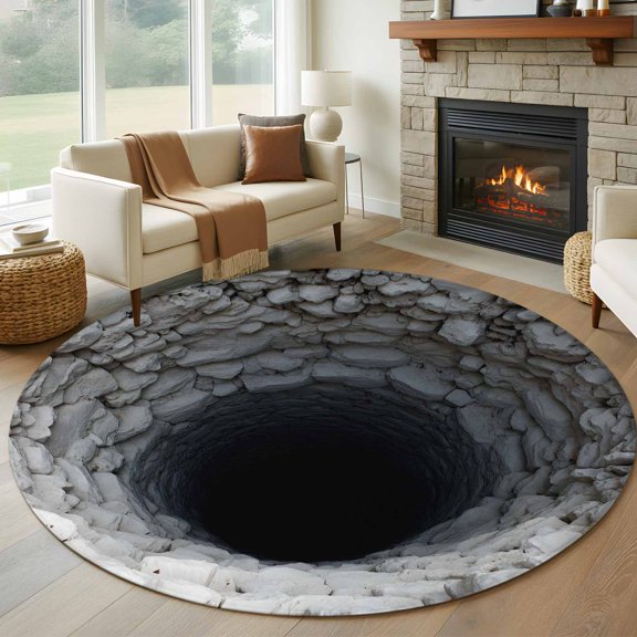 Nature Deep Well Round Rugs for Living Room 7ft Stone Piles Dark Space Mysterious Shadows Non Slip Circle Rug Washable Low-Profile Indoor Carpet for Bedroom, Dining Room, Bathroom