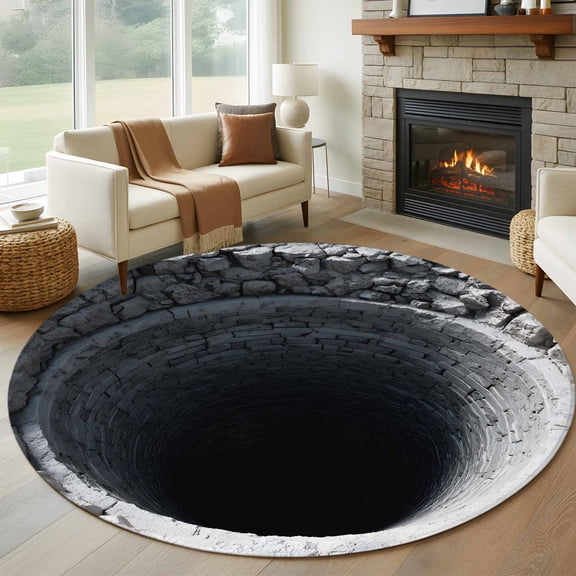 Nature Deep Well Round Rugs for Living Room 7ft Stone Piles Shadows Dark Space Mysterious Non Slip Circle Rug Washable Low-Profile Indoor Carpet for Bedroom, Dining Room, Bathroom