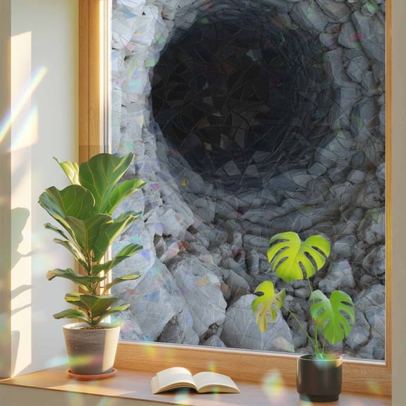 Nature Deep Well Window Privacy Film, Stone Piles Dark Space Mysterious Shadows Stained Glass Rainbow Film Decorative Window Clings, Static Cling Sun Blocking Stickers 23.6" x 59"