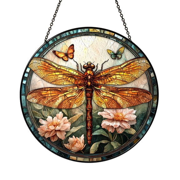 Nature Dragonfly Flower Glass Suncatcher Window Hanging, Decorative Stained Glass Style Art