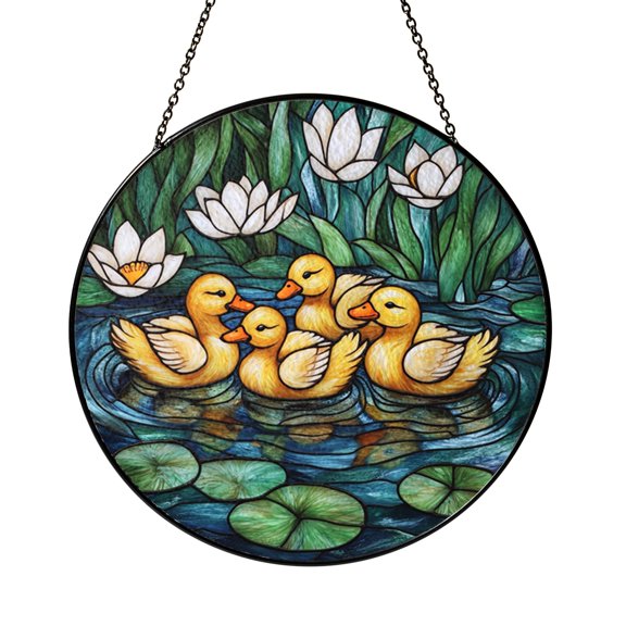 Nature Ducklings Stained Glass Window Suncatcher, Round Pond Panel for Soft Spring Home Decoration