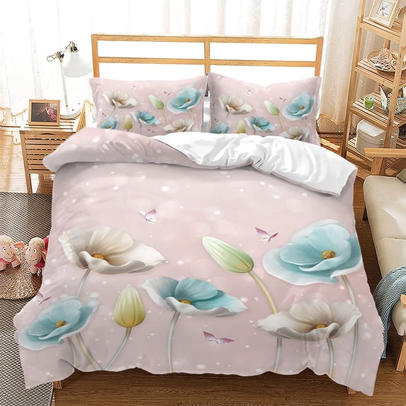 Nature Duvet Cover Fantasy Pond Water Lilies Floating Romantic Lotus Digital Art Bedroom rations Aqua Pink Green for Women