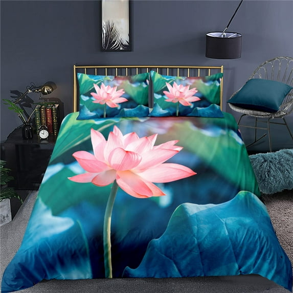 Nature Duvet Cover Fantasy Pond Water Lilies Floating Romantic Lotus Digital Art Bedroom rations Aqua Pink Green for Women
