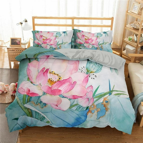 Nature Duvet Cover Fantasy Pond Water Lilies Floating Romantic Lotus Digital Art Bedroom rations Aqua Pink Green for Women