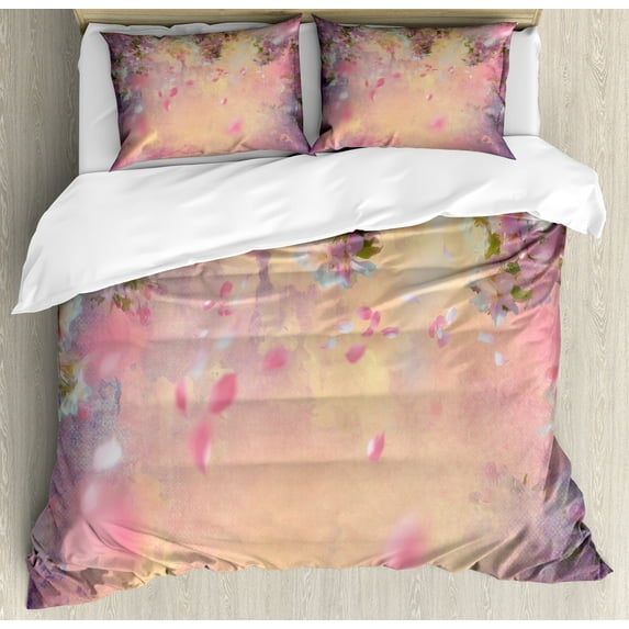 Nature Duvet Cover Set, Abstract Composition of Japanese Flourishing Spring Nature in Asia, Decorative 3 Piece Bedding Set with 2 Pillow Shams, Queen Size, Peach Lavender, by Ambesonne