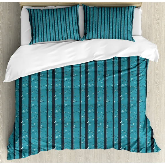 Nature Duvet Cover Set, Abstract Forest of Bare Tree Trunks with Irregular Spots, Decorative 3 Piece Bedding Set with 2 Pillow Shams, Calking Size, Sea Blue Dark Blue Grey, by Ambesonne