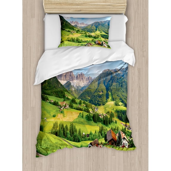 Nature Duvet Cover Set, Alps in the Spring Season with Fresh Grass Sky Majestic Mountains Image, Decorative 2 Piece Bedding Set with 1 Pillow Shams, Twin Size, Green Blue, by Ambesonne