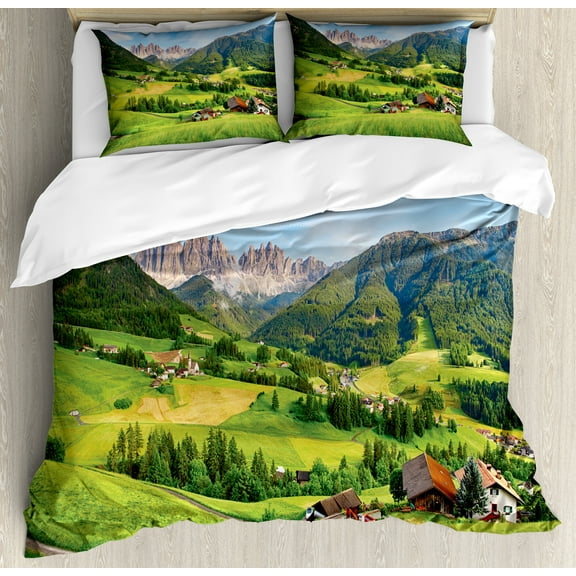 Nature Duvet Cover Set, Alps in the Spring Season with Fresh Grass Sky Majestic Mountains Image, Decorative 3 Piece Bedding Set with 2 Pillow Shams, Calking Size, Green Blue, by Ambesonne