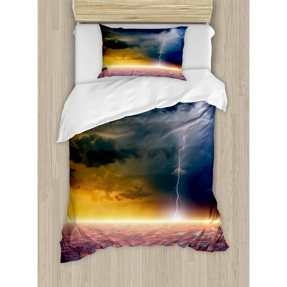 Nature Duvet Cover Set, Apocalyptic Sky View End of the World Majestic Mystic Sky Solar and Image Print, Decorative 2 Piece Bedding Set with 1 Pillow Shams, Twin Size, Orange and Blue, by Ambesonne
