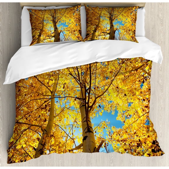 Nature Duvet Cover Set, Autumn Fall Season Trees Forest Leaves Branches Sunbeams Art Photo, Decorative 3 Piece Bedding Set with 2 Pillow Shams, Calking Size, Earth Yellow Sand Brown, by Ambesonne