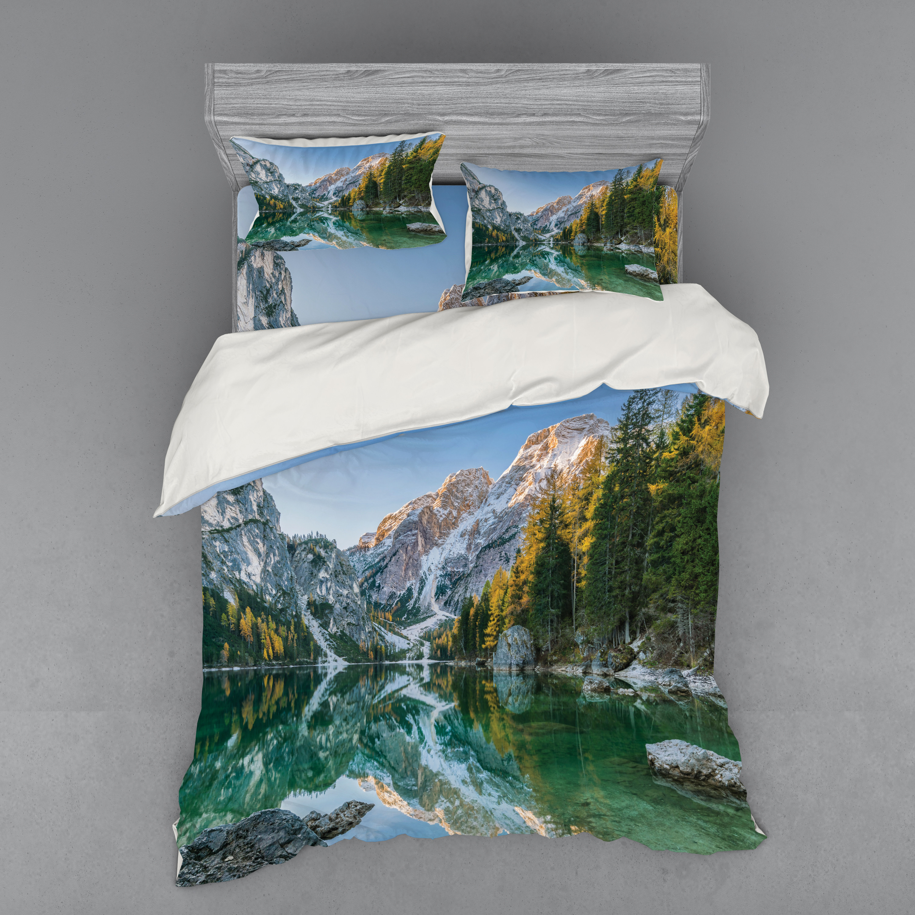 Ambesonne Nature Bedding Set 4 Pcs, Fall View Lake Mountain, Queen, Green Grey