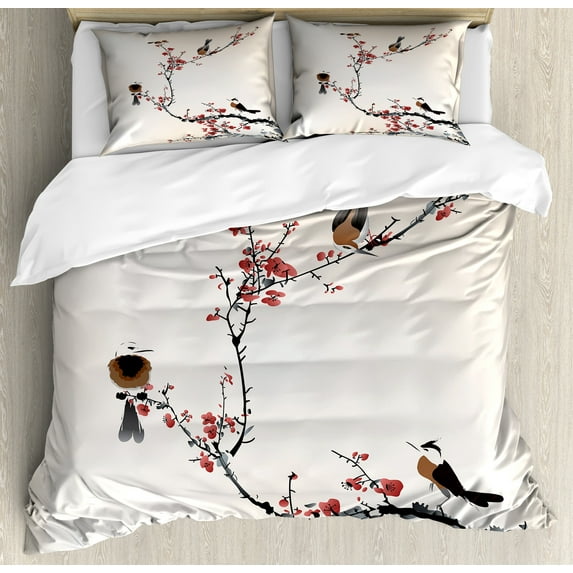 Nature Duvet Cover Set, Birds on Cherry Summer Classic Oriental Illustration Pastel Colored Design, Decorative 3 Piece Bedding Set with 2 Pillow Shams, King Size, Pale Caramel Ruby, by Ambesonne