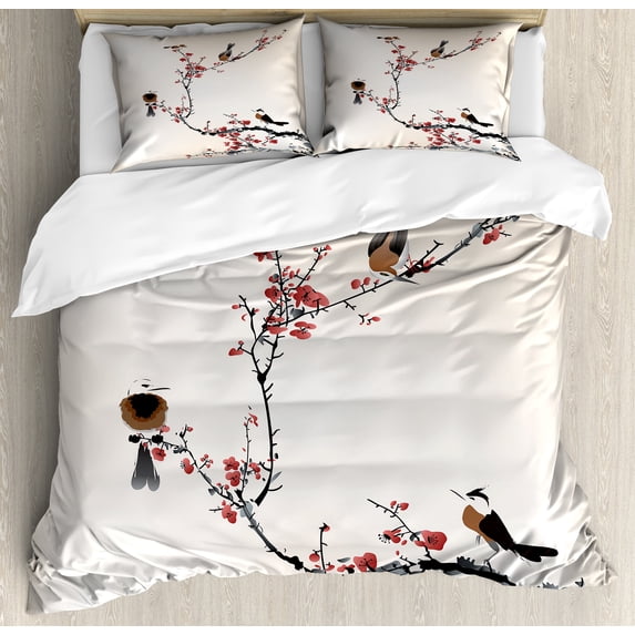 Nature Duvet Cover Set, Birds on Cherry Summer Classic Oriental Illustration Pastel Colored Design, Decorative 3 Piece Bedding Set with 2 Pillow Shams, Queen Size, Pale Caramel Ruby, by Ambesonne