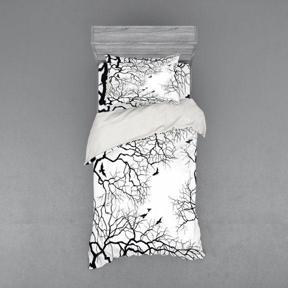 Nature Duvet Cover Set, Birds Flying over Twiggy Tree Branches Autumn Season Sky View Artwork Print, Bedding Set with Shams and Fitted Sheet, 3 Sizes, by Ambesonne