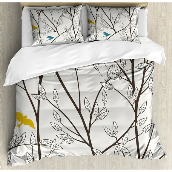 Nature Duvet Cover Set, Birds Wildlife Cartoon Like Image with Tree Leaf Art Print, Decorative 3 Piece Bedding Set with 2 Pillow Shams, Queen Size, Mustard Maroon, by Ambesonne