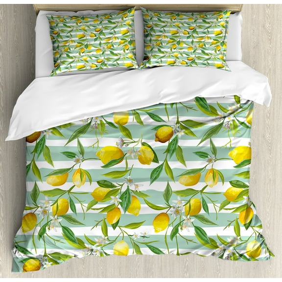Nature Duvet Cover Set, Blooming Lemon Tree on Striped Paintbrush Background Evergreen Art, Decorative 3 Piece Bedding Set with 2 Pillow Shams, Calking Size, Fern Green Seafoam, by Ambesonne