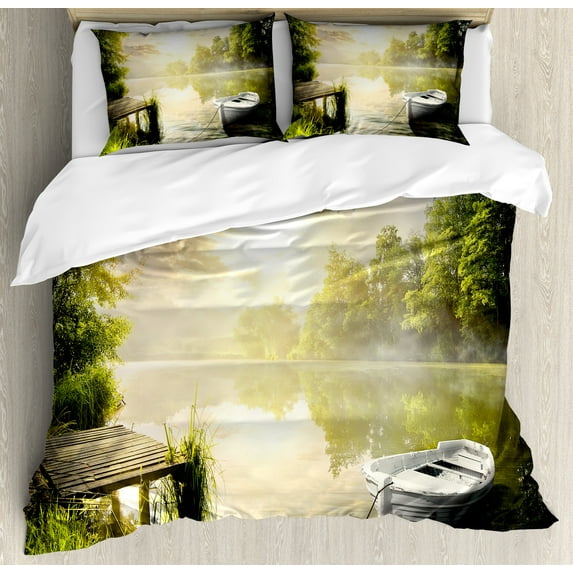 Nature Duvet Cover Set, Boat by the Foggy Lake Deck Dreamy Forest in the Morning Country Style Image, Decorative 3 Piece Bedding Set with 2 Pillow Shams, Queen Size, Olive Green White, by Ambesonne