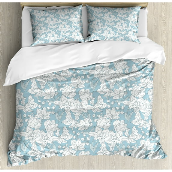 Nature Duvet Cover Set, Botanical Theme Floral Patterns Orchid Flowers in Line Style, Decorative 3 Piece Bedding Set with 2 Pillow Shams, King Size, White Pale Sky Blue, by Ambesonne