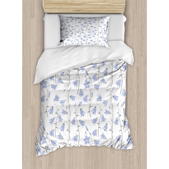 Nature Duvet Cover Set, Botany Composition of Bluebells Flourishing on a Plain Background, Decorative 2 Piece Bedding Set with 1 Pillow Shams, Twin Size, Lavender Blue and Sage Green, by Ambesonne