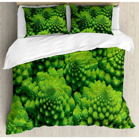 Nature Duvet Cover Set, Broccoli Kale Mother Earth Herbs Themed Fractal Background Foliage Modern Design, Decorative 3 Piece Bedding Set with 2 Pillow Shams, Queen Size, Lime Green, by Ambesonne