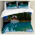 thumbnail image 1 of Nature Duvet Cover Set, Canadian Emerald Lake Scenery with a Wooden Cottage House Country View, Decorative 3 Piece Bedding Set with 2 Pillow Shams, Queen Size, Petrol Blue Olive Green, by Ambesonne, 1 of 3