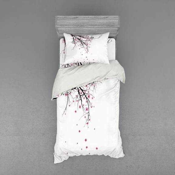 Nature Duvet Cover Set, Cherry Blossoming Falling Petals Flowers Springtime Park Simple Illustration Print, Bedding Set with Shams and Fitted Sheet, 3 Sizes, by Ambesonne